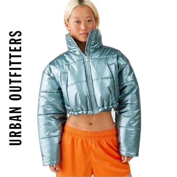NEW Urban Outfitters UO Taryn Metallic Cropped Puffer Coat Jacket L XL - Picture 3 of 6